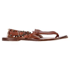 Valentino Garavani Rockstud T-Strap Flat Sandals in Brown Leather